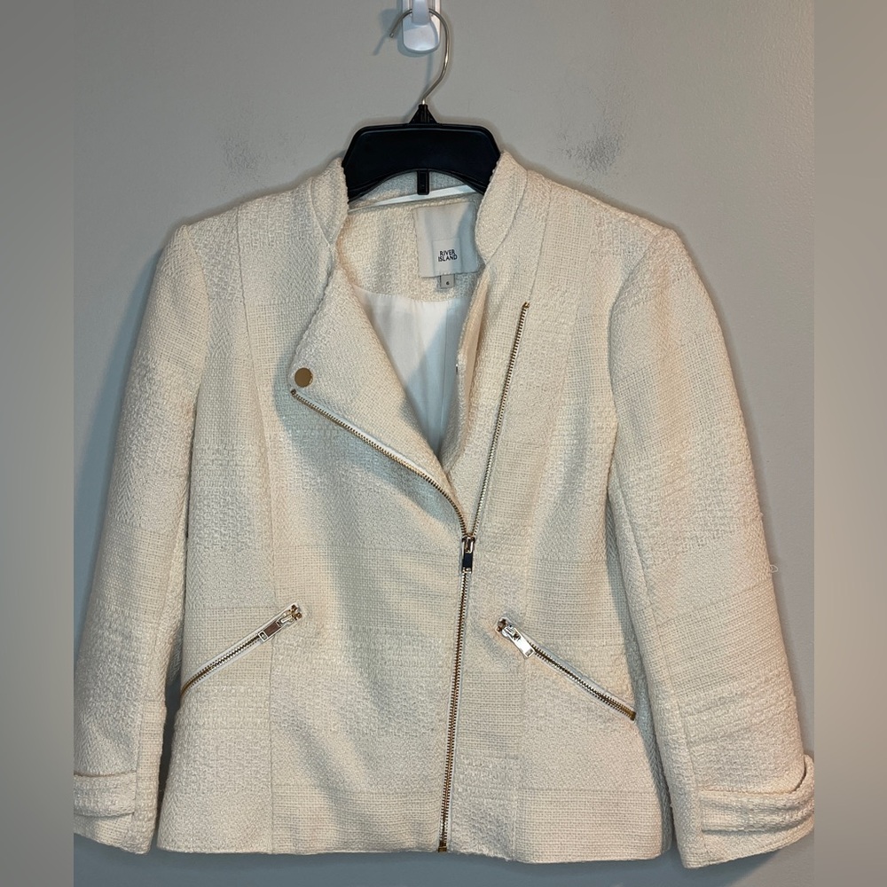 River Island Cream Boucle Moto Biker Jacket UK 6 (US2)